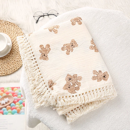 Cotton Muslin Swaddle Blankets for Newborn Baby Tassel Receiving