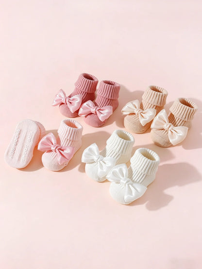4 Pairs of Baby Girls' Socks Cotton Soft Bow Ankle Socks Anti-Slip