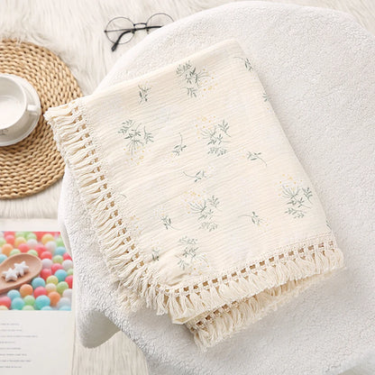 Cotton Muslin Swaddle Blankets for Newborn Baby Tassel Receiving