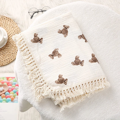 Cotton Muslin Swaddle Blankets for Newborn Baby Tassel Receiving