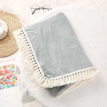 Cotton Muslin Swaddle Blankets for Newborn Baby Tassel Receiving