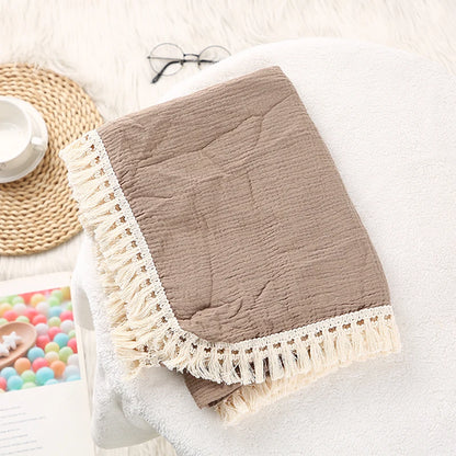 Cotton Muslin Swaddle Blankets for Newborn Baby Tassel Receiving