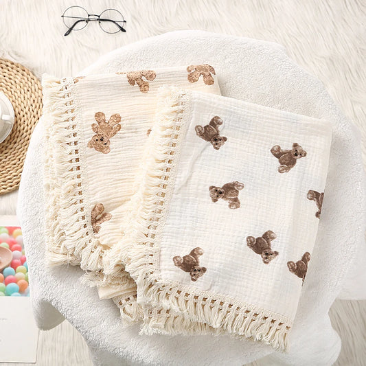 Cotton Muslin Swaddle Blankets for Newborn Baby Tassel Receiving
