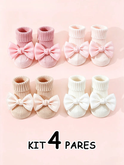 4 Pairs of Baby Girls' Socks Cotton Soft Bow Ankle Socks Anti-Slip